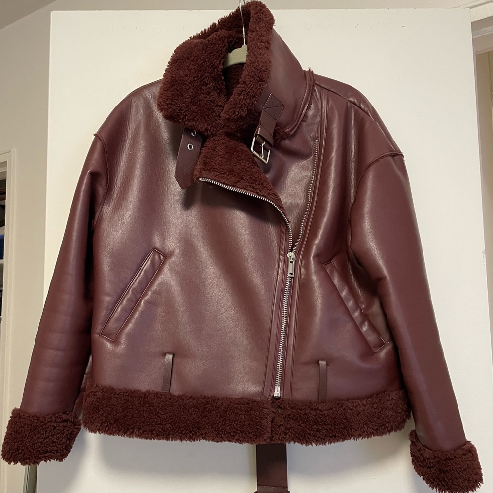 Zara Burgundy Faux Fur Leather Biker Jacket Size S